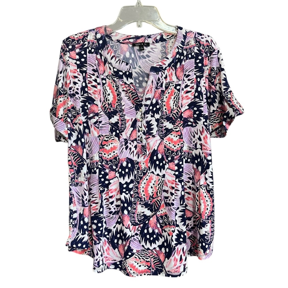 Womens Butterfly Print V Neck‎ Rolled Sleeve Tunic Top Navy Pink Purple Large